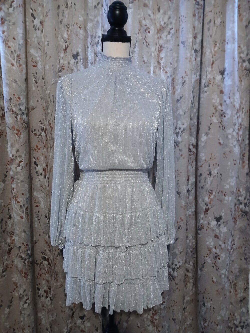 Express Silver Shimmer Long Sleeve Tiered Mini Dress